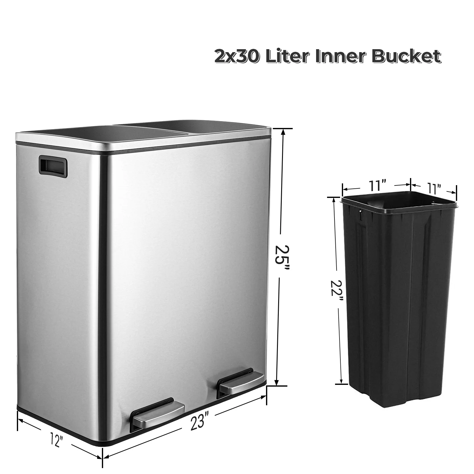 AOOU 16 Gallon Stainless Steel Trash Can, 60L Dual Compartment, Metal Kitchen Step Recycle Bin, Metal Double Dustbin, in-Home