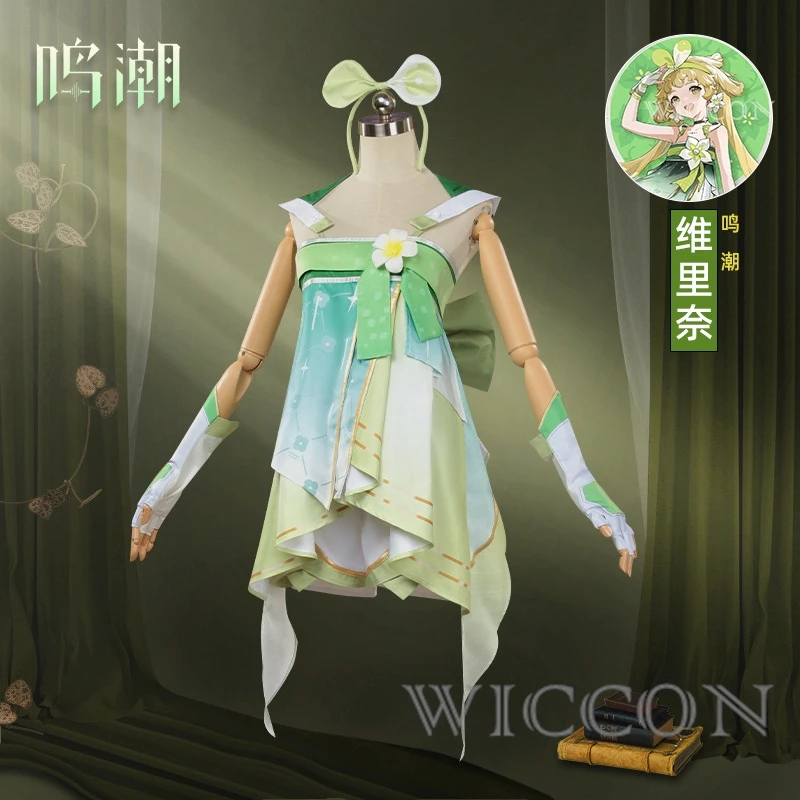 Wuthering Waves Verina Cosplay Costume Wig Dress Earrings Glove Leg Cover Nature Calling Green Yellow Hair Long Wig Game