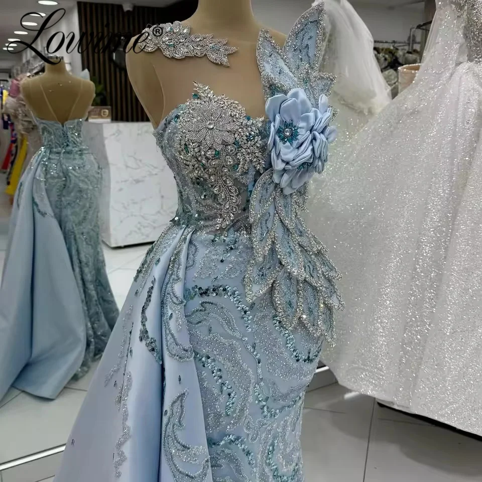 

﻿ 2025 Customized Mermaid Prom Dresses Floral Crystals Long Wedding Party Dress Arabic Evening Gowns Sky Blue Celebrity Dresses