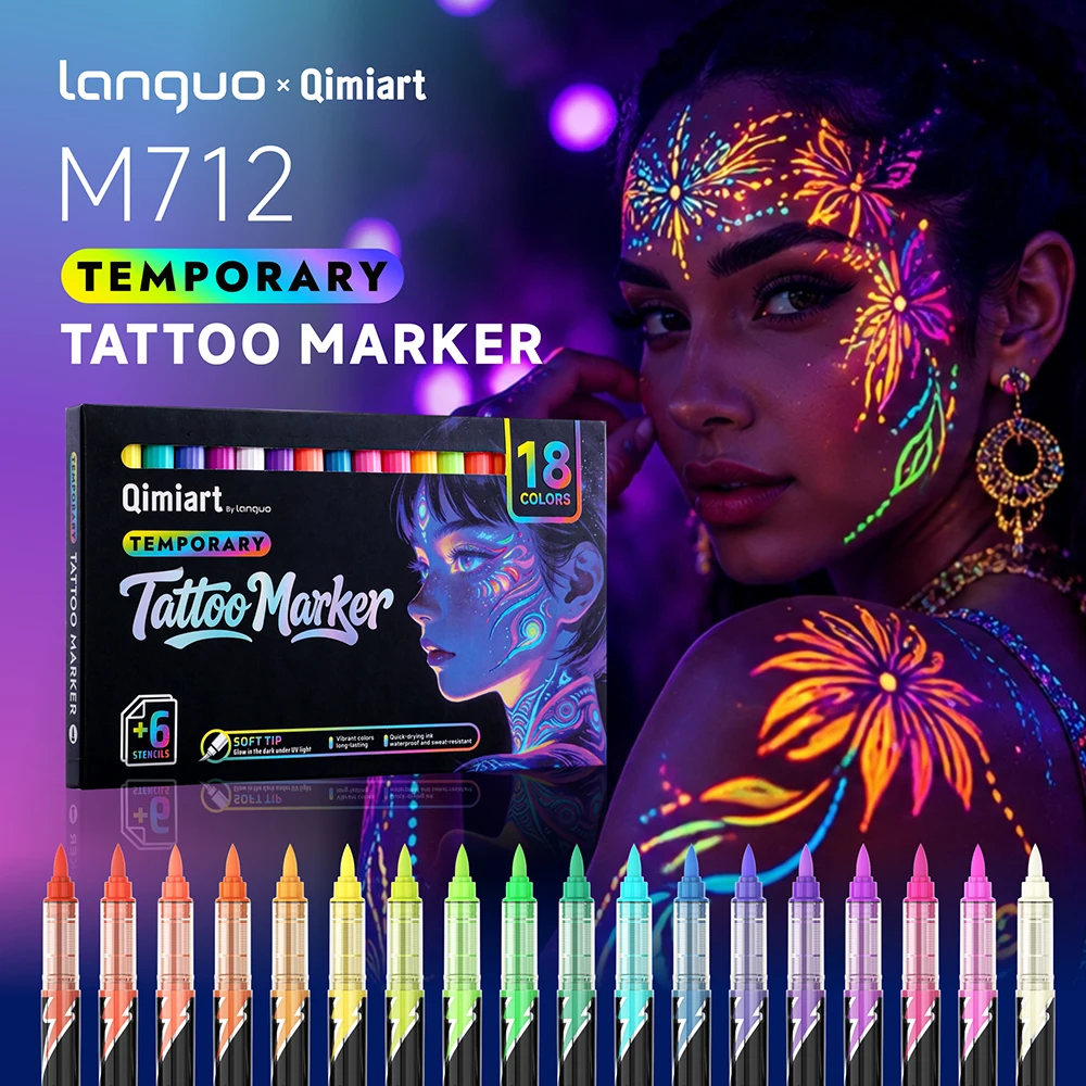 18Pcs/Box Fluorescent Tattoo Markers Creative Color Painting Pens Fun Liquid Direct Flow Glow In The Dark Pens Quick-Dry Pen