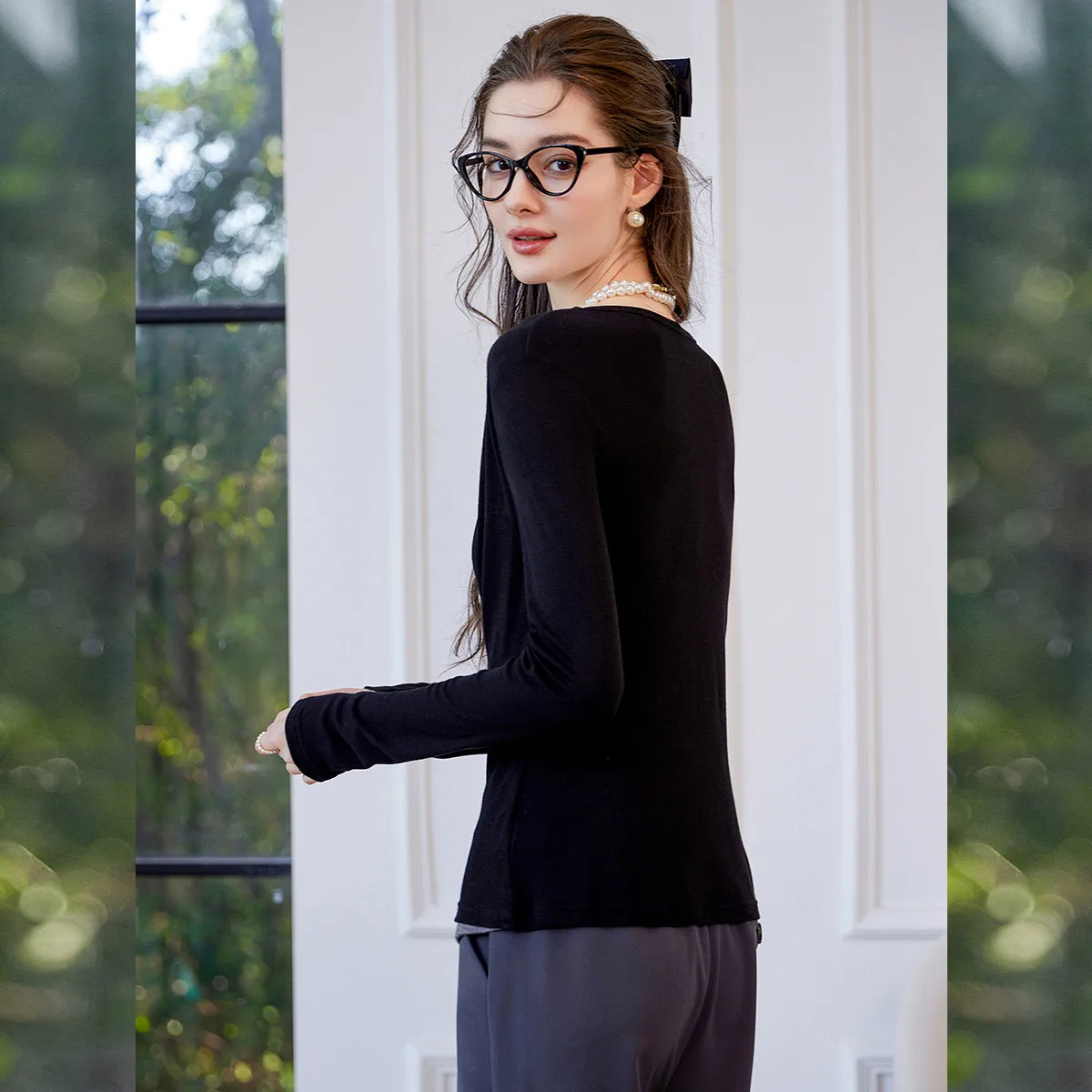 LOUISYAO Nep tweedelig tweekleurig dames-T-shirt 2025, lente/herfst T-shirts, ronde hals, lange mouwen, tops, licht rekbaar T-shirt