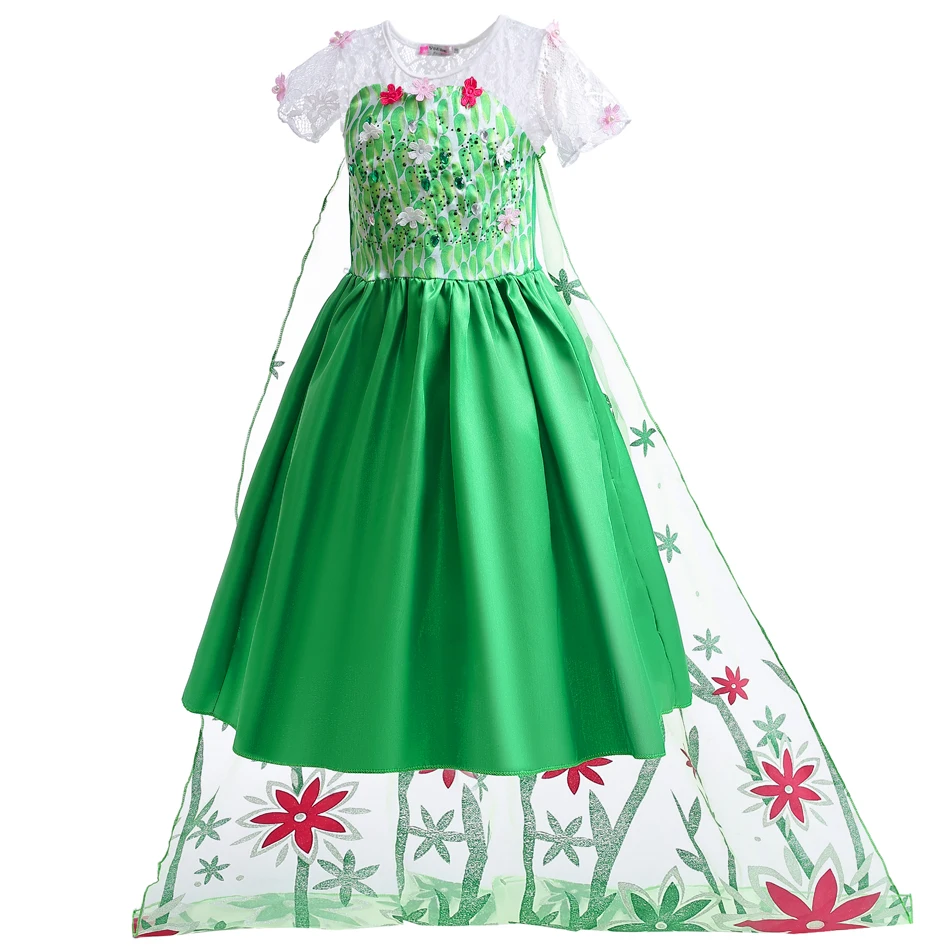 Fever Elsa Green Birthday Surprise Party Green Dress Girls Summer Kids Children Long Cloak Floral Lace Ball Gown Costume