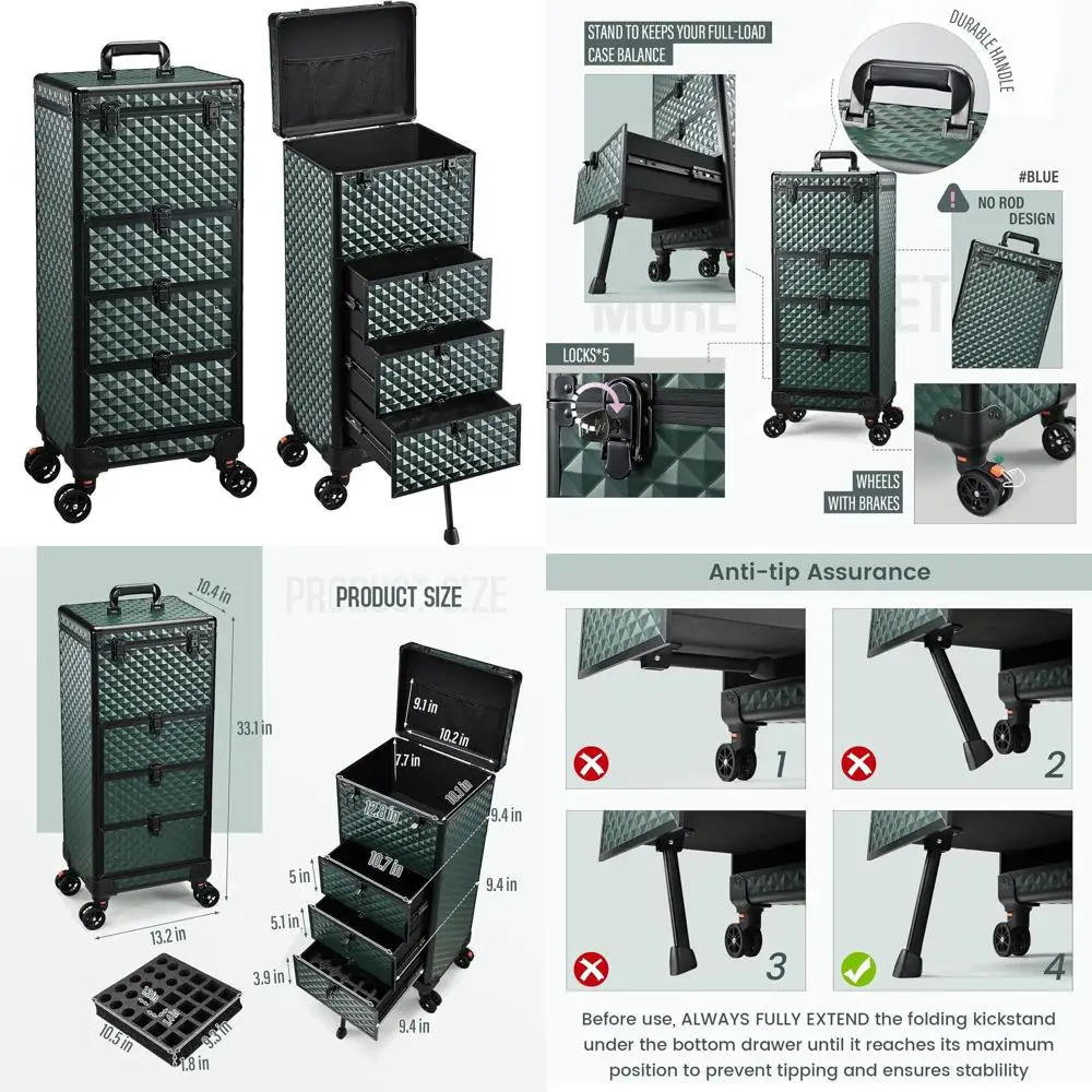 

Портативный косметический чемодан на колесах с 3 ящиками для косметологов, мастеров маникюра и специалистов по красоте, зеленый