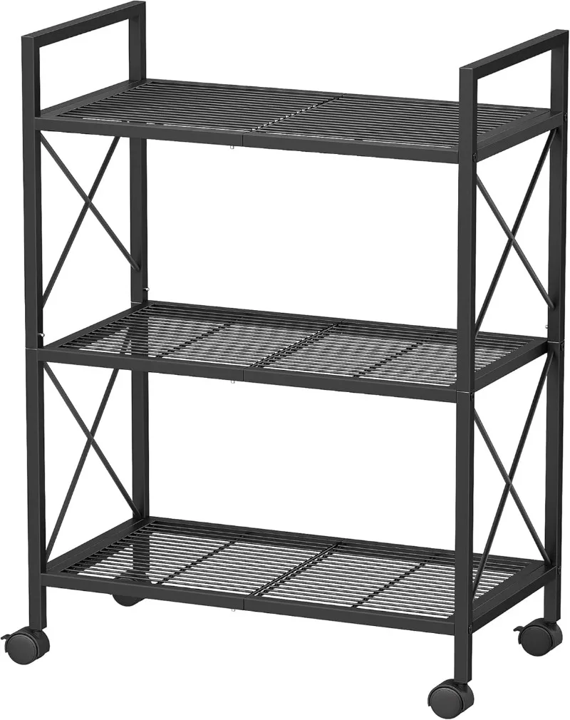 3-Tier Metal Storage Rack with Wheels, Mesh Shelving Unit with X Side Frames, 23.6-Inch Width, for Entryway, Kitchen