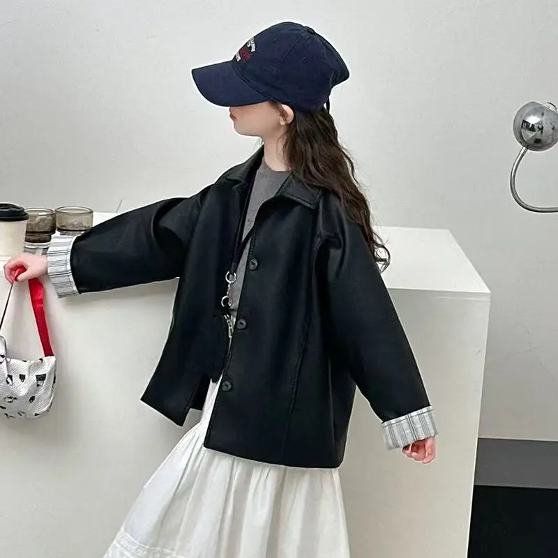 

Girls' outerwear Spring and Autumn New Style Children's Fashionable Western Style Simple Cuff Design Black Leather Jacket