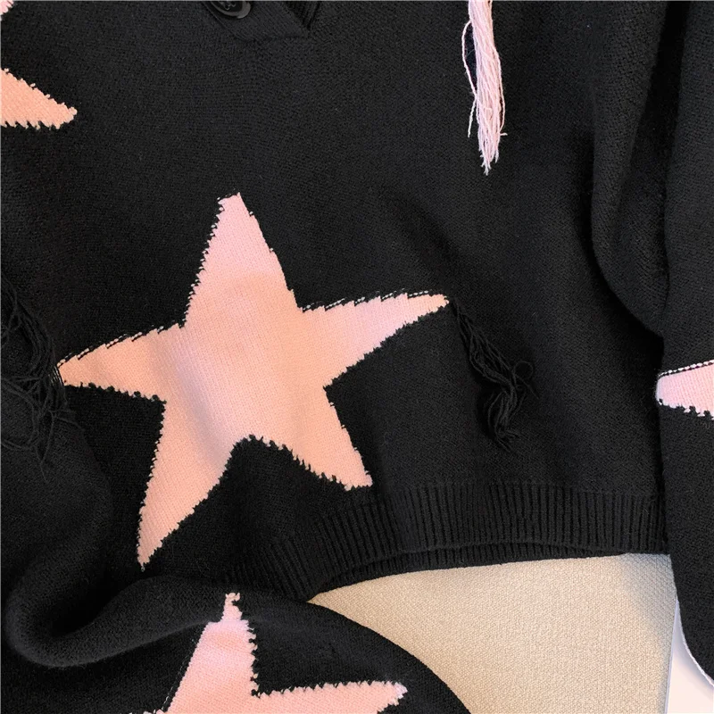 Женский черный вязаный пуловер в готическом стиле, укороченный свитер Harajuku Y2k, свитера с длинными рукавами и круглым вырезом со звездным узором, винтажная эмо-одежда 2000-х годов