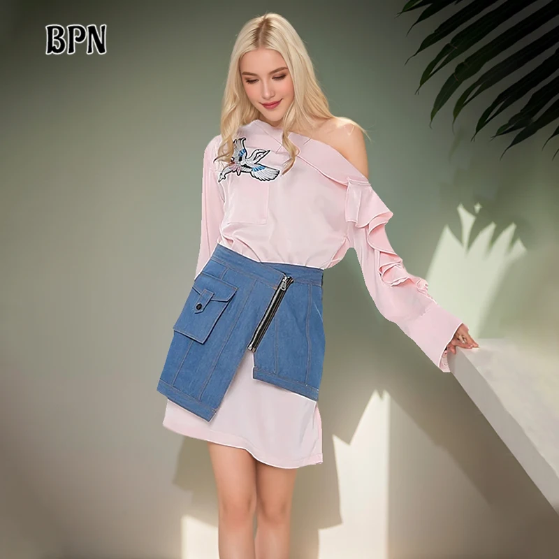 BPN Casual Two Piece Sets For Women Diagonal Collar Long Sleeve Off Shoulder Blouses High Wiast Denim Skirts Fashion Set Female