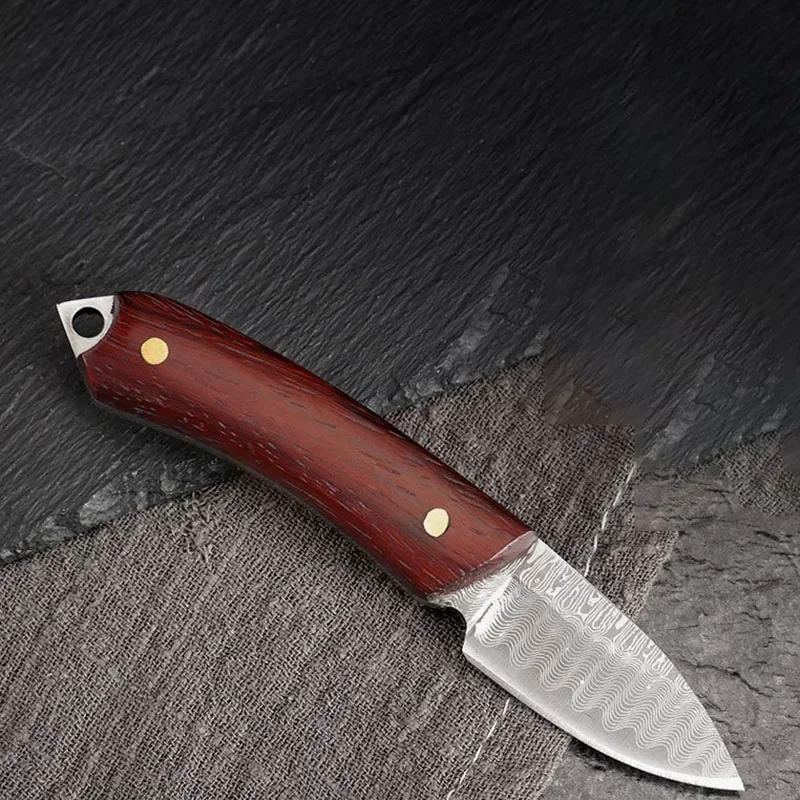 Outdoor Portable 3CR13 Stainless Steel Damascus Pattern Fixed Blade Keyring EDC Practical Leather Cover