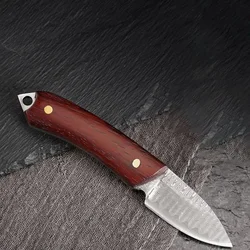 Outdoor Portable 3CR13 Stainless Steel Damascus Pattern Fixed Blade Keyring EDC Practical  Leather Cover