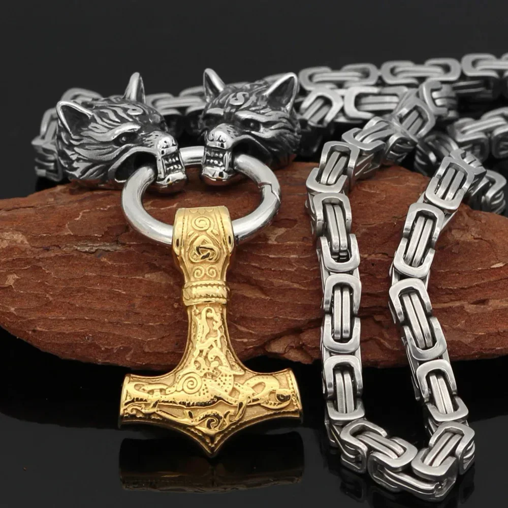 Fashionable And Exquisite New Retro Nordic Viking Hammer Pendant Wolf Head Necklace For Personalized Men\'S Amulet Jewelry Gift
