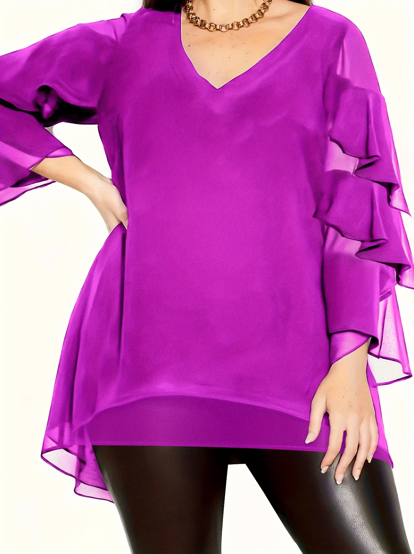 Plus Size Elegant Top, Women\'s Plus Solid Mesh Layered Ruffle Trim Long Sleeve V Neck High Low Hem Tunic Top