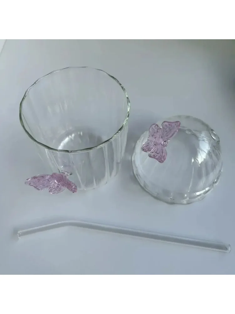 Chic 400ML Butterfly-Inspired Glass Cup Girlish Coffee Mug With Lid and Glass Straw BPA-Free Drinkware for Juice Milk Coffee