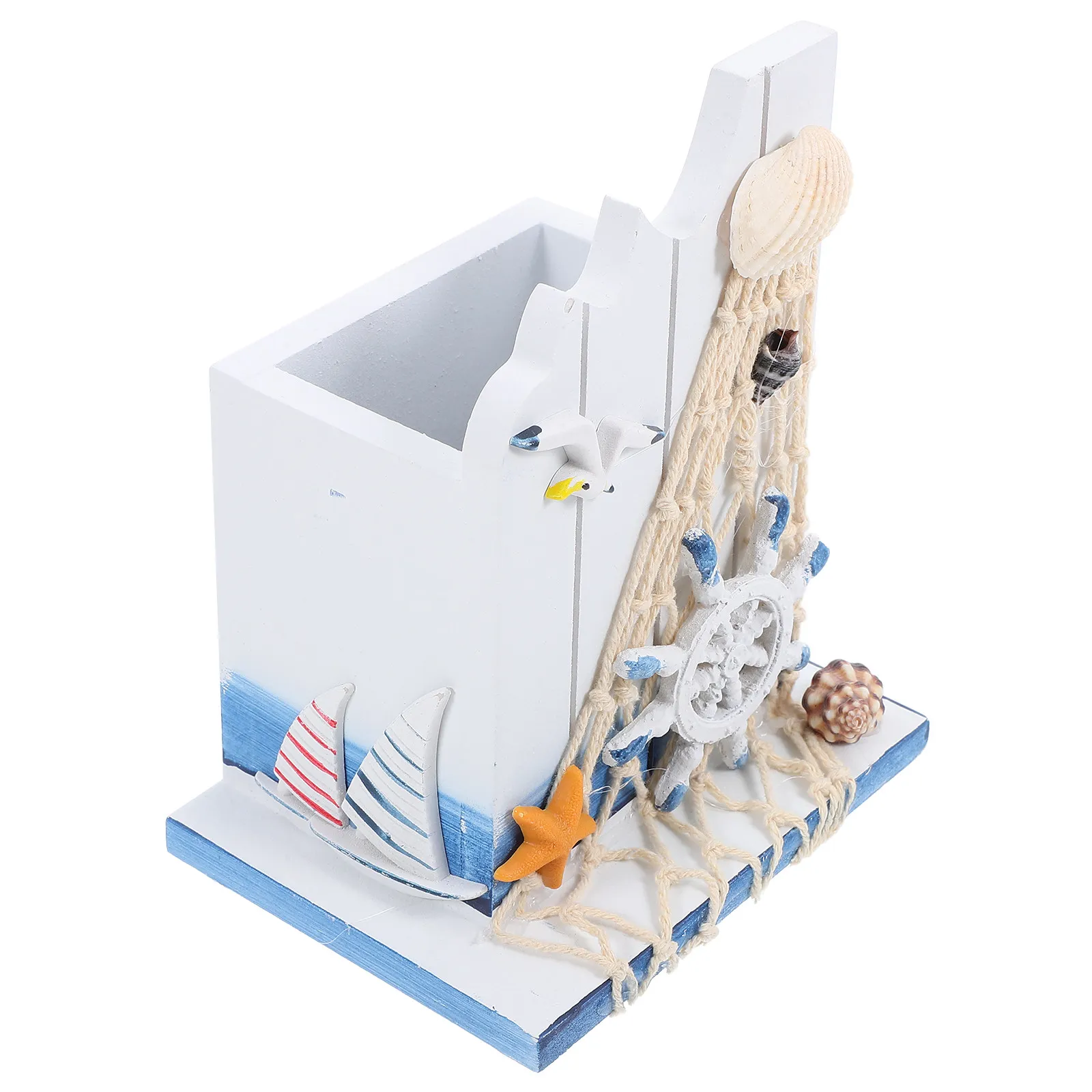 Wooden Pen Holder Nautical Theme Desk Organizer Mediterranean Style Pencil Cup Coastal Office Decor Sailing Inspired Stationery