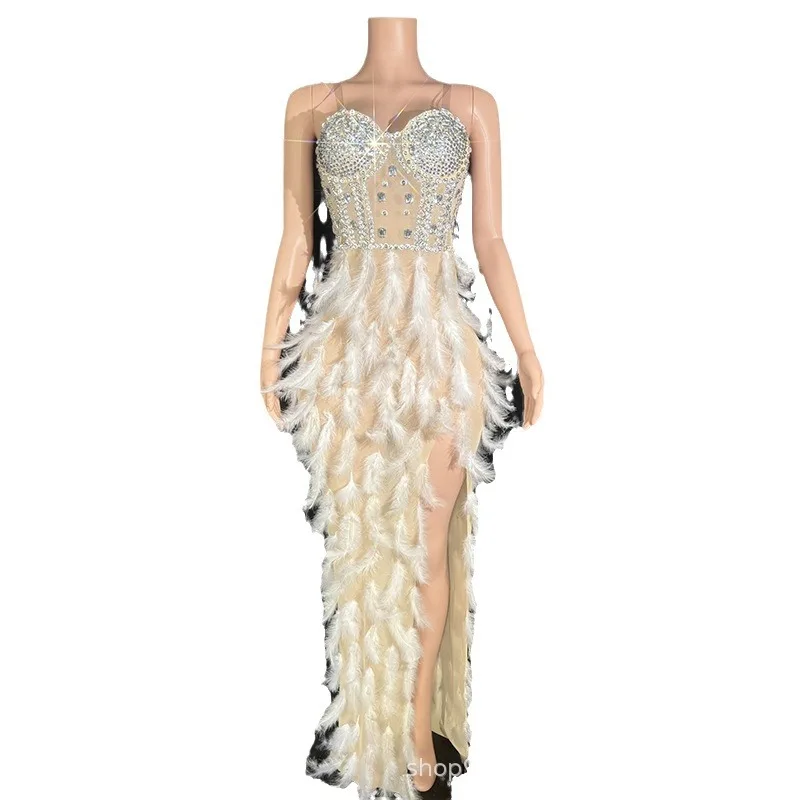 

2025Luxury High-end Tube Top Feather High Split Engagement Dress Red Carpet Company Annual Meeting Awards Ceremony Evening Dress