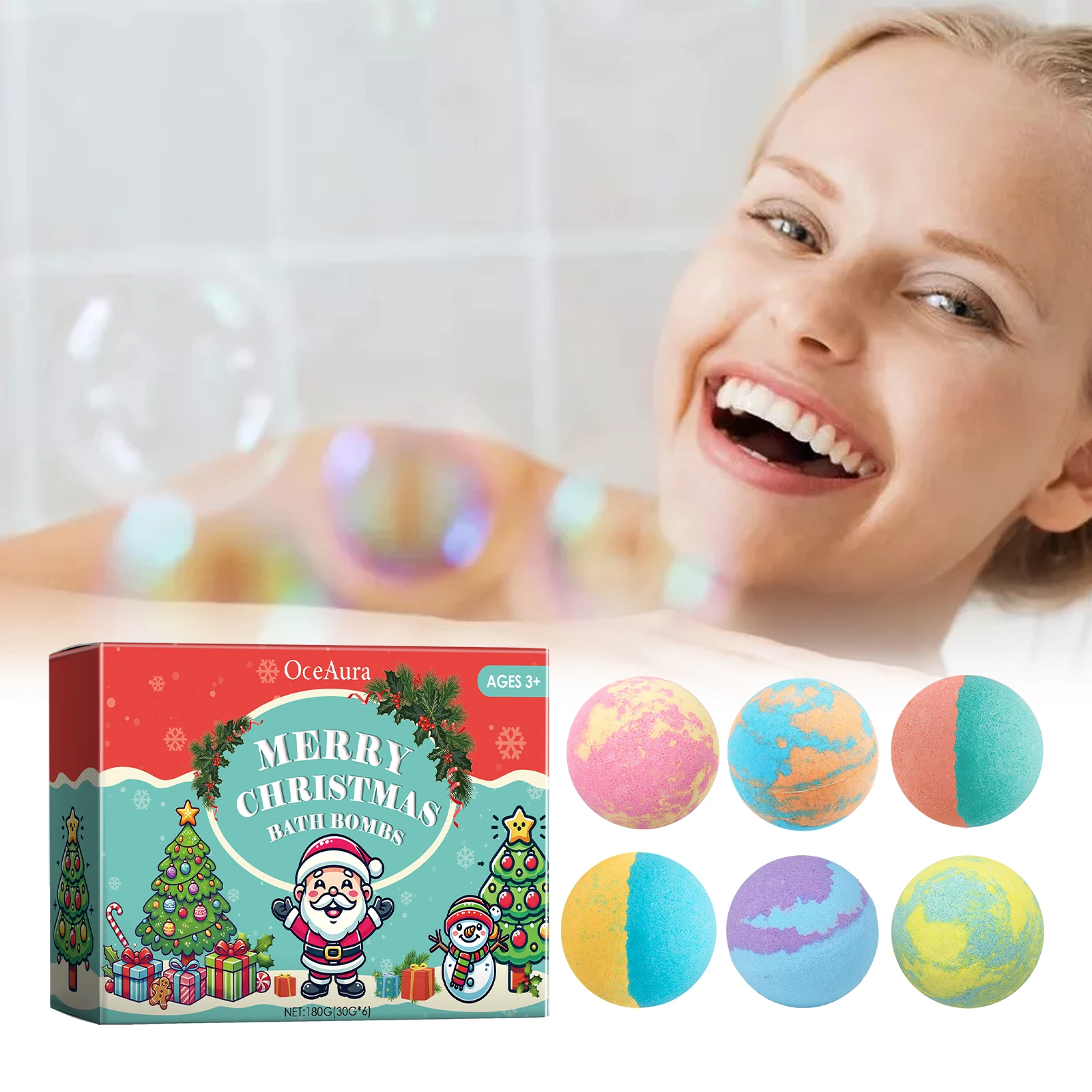 OceAura 6pcs Christmas Color Bath Ball Bubble Shower Fragrance Moisturizing and Lasting Fragrance Plant Cleaning Bath Ball
