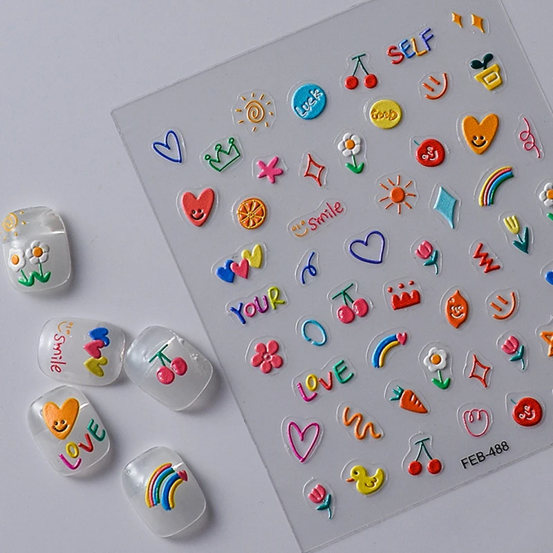 

Наклейки для ногтей 5D с объемным рельефом: дизайн «Тюльпаны, сердца и цветные линии» (2026) – милые маникюрные декорации