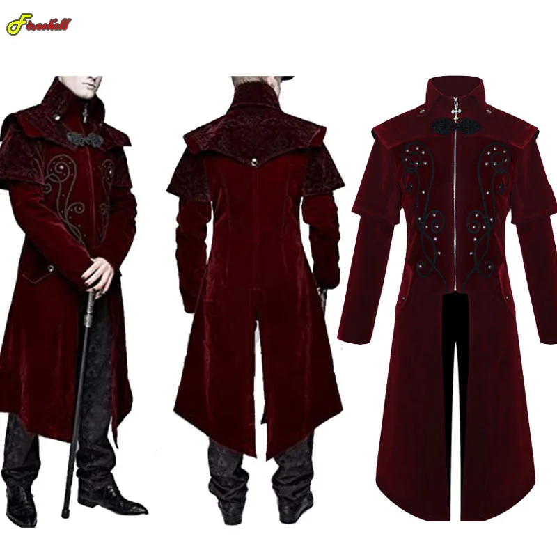 Mannen Gothic Middeleeuwse Steampunk Kasteel Vampire Devil Rode Jas Cosplay Kostuum Victoriaanse Luxe Tuxedo Pak Geul Jassen