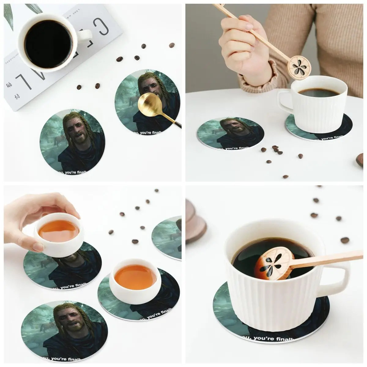 Hey You You'Re Finally Awake Skyrim Coasters Kitchen Placemats Waterproof Insulation Cup Coffee Mats  Tableware Pads Set of 4