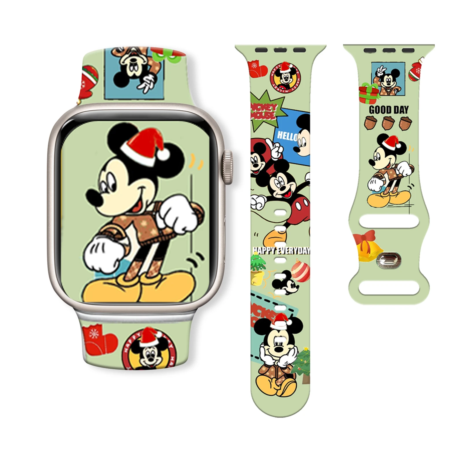 

Disney Happy Christmas Mickey Print Band for Apple Watch 11/10/9/8/7/SE, Soft Silicone Replacement Band for 46mm/45mm/44mm/42mm