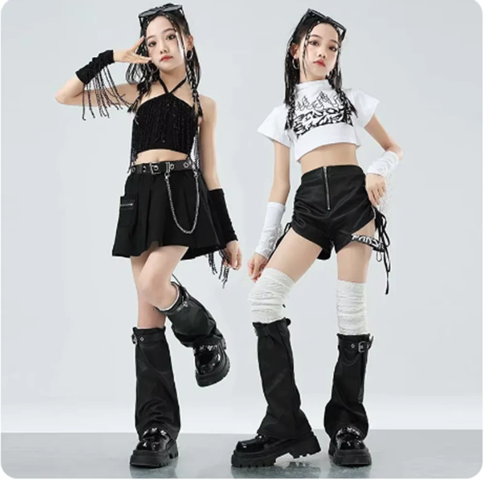 

Детский костюм для джазовых танцев, модная одежда в стиле K-POP для девочек, костюм для выступлений Hip Hio, крутой черный жилет, юбка, шорты, Белый Топ, Одежда для танцев