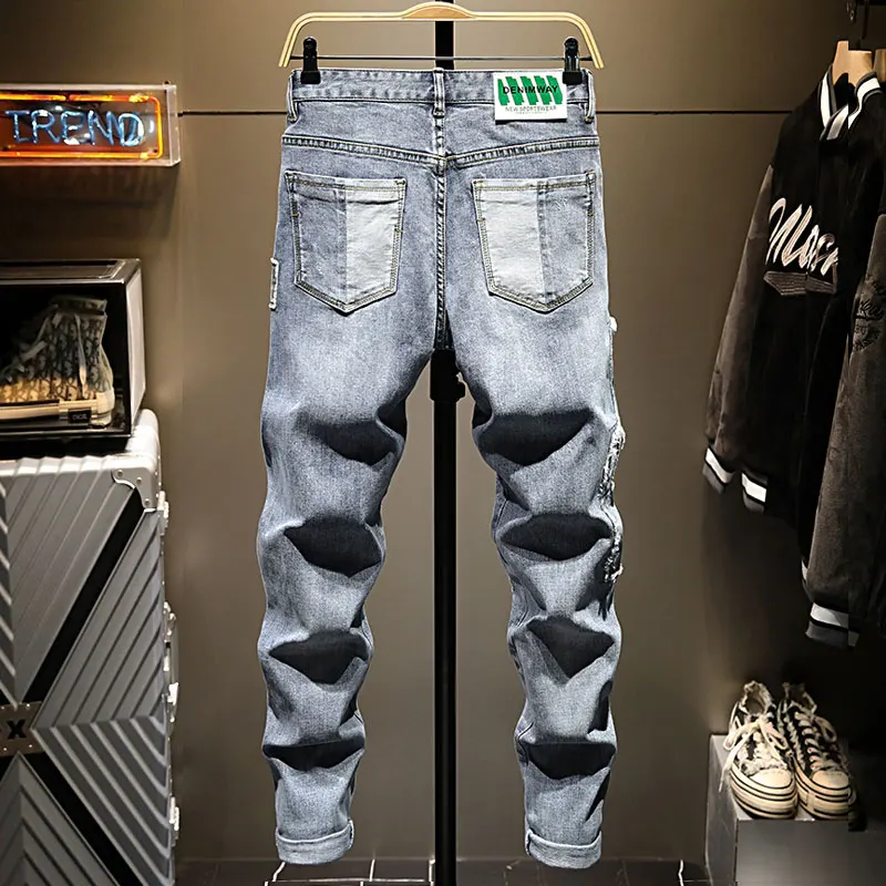 Jean déchiré bleu clair pour homme, pantalon en denim, coupe skinny, patché, designer, hip hop, zones bre, mode haute rue, rétro, commandé