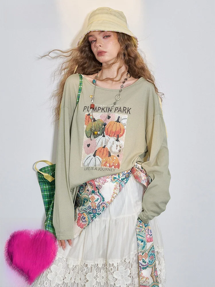 

Loose Long Sve round Ne Pumpkin T-irt Casual Sle Summer Top for Women Comfortable Cotton Polyester Blend ELFSA