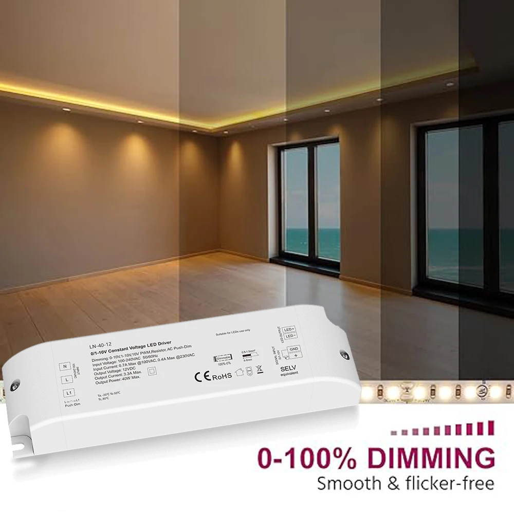 Dimmable LED Driver 75W 40W AC 100V-240V to DC 12V 24V Transformer 0-10V 1-10V 10V PWM Push-Dim Dimming for Indoor LED Lighting