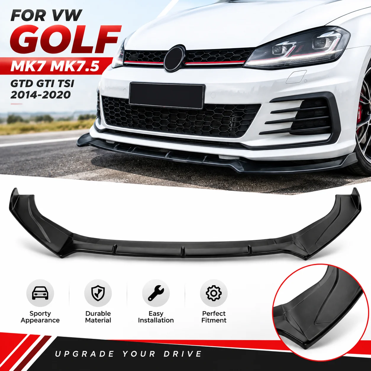 Kit carrozzeria con splitter per paraurti anteriore per VW Golf MK7 MK7.5 GTD GTI TSI 2014-2020, spoiler anteriore per paraurti, nero lucido