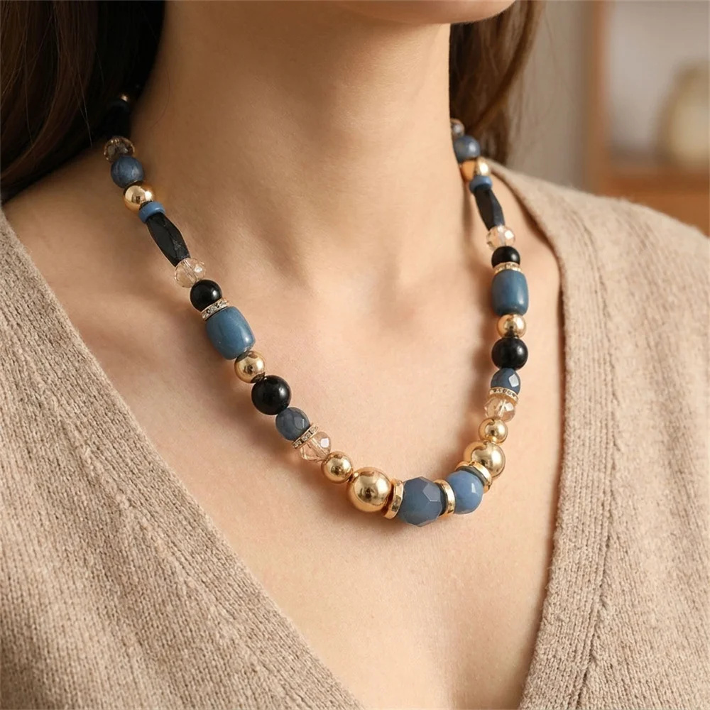 Casual Sweater Necklace Gold Color Plating  Blue Tone Stone Strand Necklace For Women Bohemia Statement Vintage Jewelry