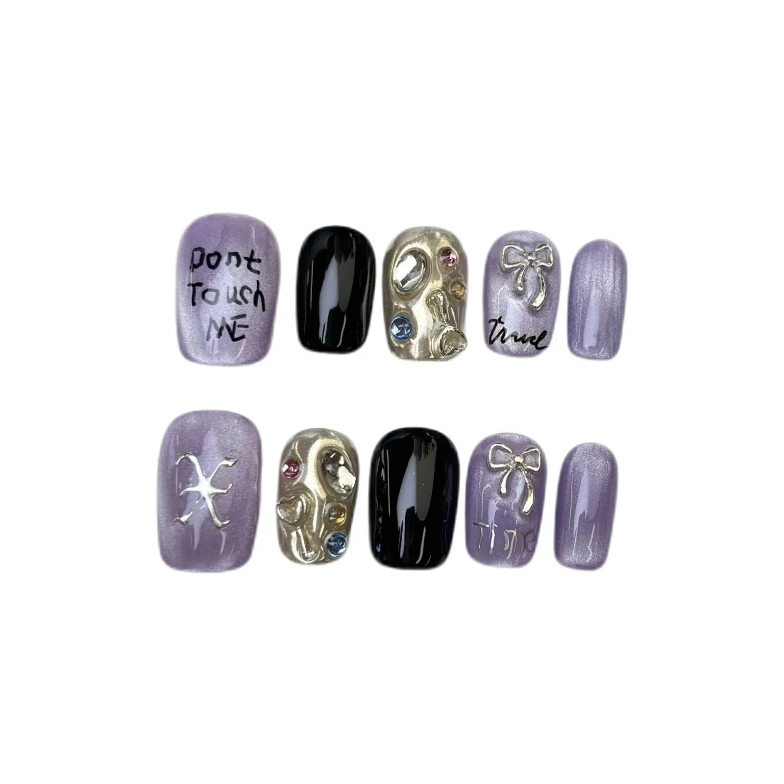 10 Uds. De uñas postizas hechas a mano con lazo púrpura, puntas de uñas de cobertura completa metálicas desnudas para mujeres y niñas, arte de uñas postizas desmontable