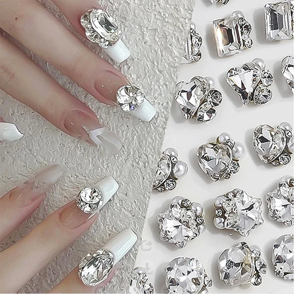 6 Grids Transparent Crystal Nail Pile Diamond Luxury Heart Square Nail Art Rhinestones Gems Sparkle Glass Nail Stones DIY Charms