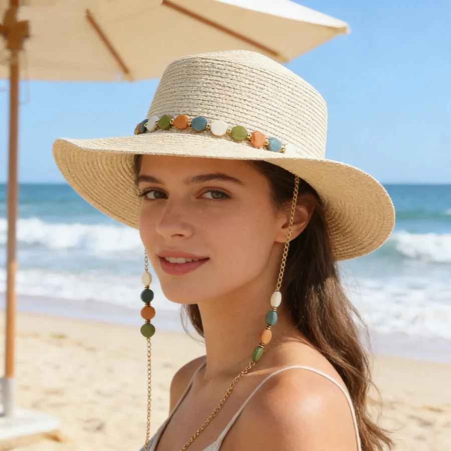 Summer Flat-Brimmed Straw Hat with Colorful Stone Chain, Vintage Breathable Woven Material, Sun Protection, Suitable for Daily Wear on Vacation, Holiday Gift