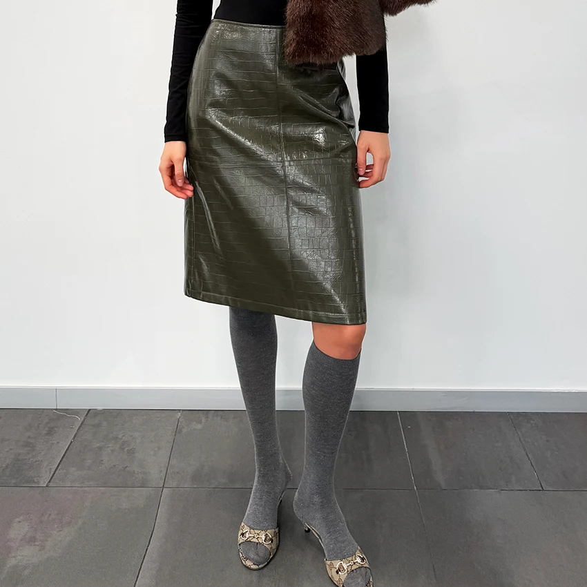 Linad Vintage Green PU Knee Length Skirts For Woman Elegant Slim High Waist Zipper Skirts 2026 Fashion Straight Skirt Female