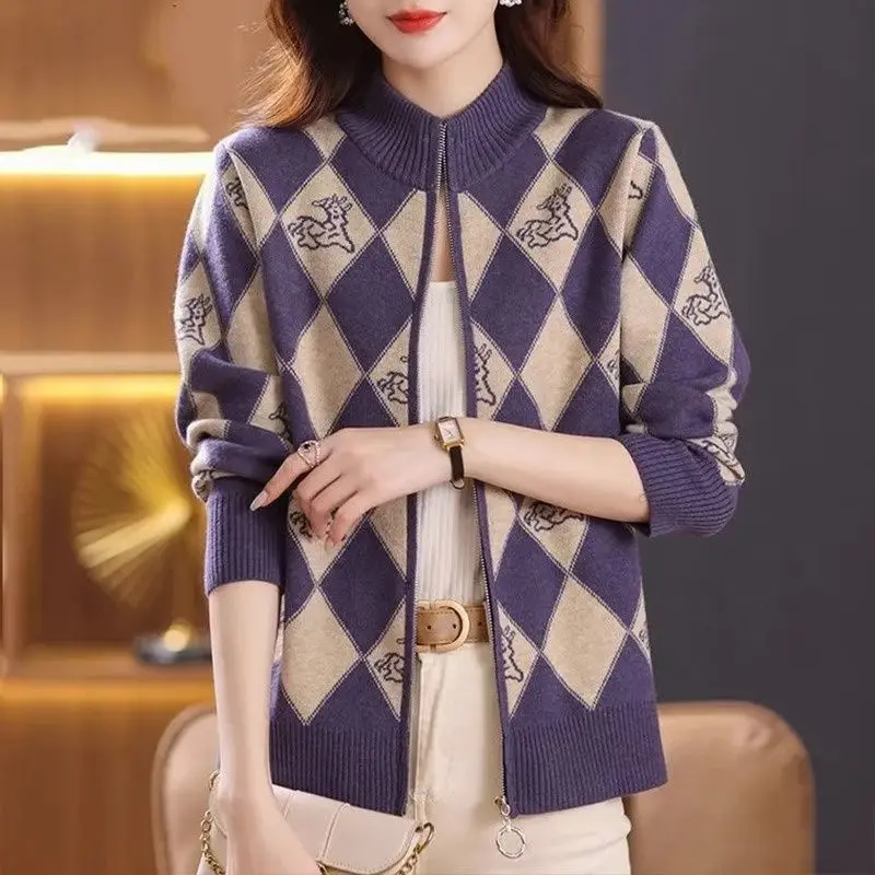 

High-End Women's Knitted Cardigan Sweater Outerwear Long Sve Stand Collar Regular Length Premium Fabric Spring Autumn Coll...