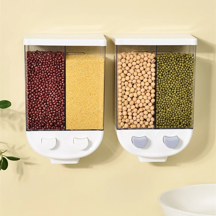 

Wall-Mounted Kitchen Whole Grains Cereal Dispenser Divided Sealed Storage Tank 2 Grids Food Storage Containers