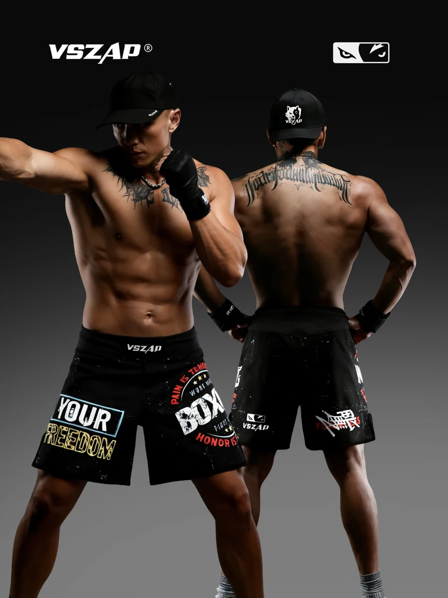 VSZAP sports shorts men's MMA gym training suit quick drying, wear-resistant, personalized printed five quarter pants mid waist
