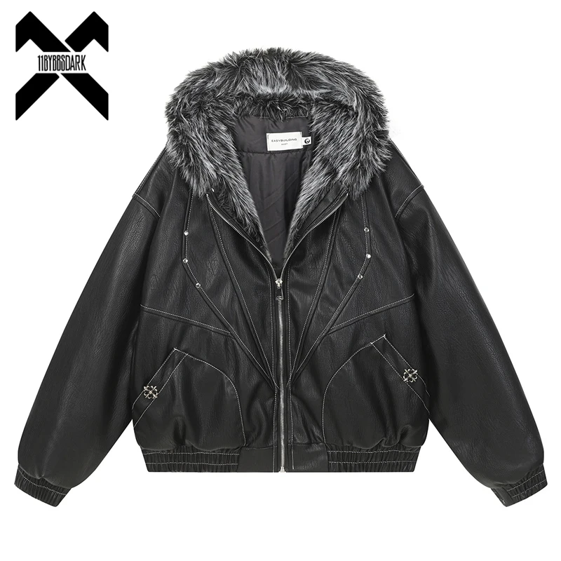 

2025 Winter PU Leather Jacket Parka Fur Collar Warm Thickened Bomber Coat Hip Hop Streetwear Y2k Jackets
