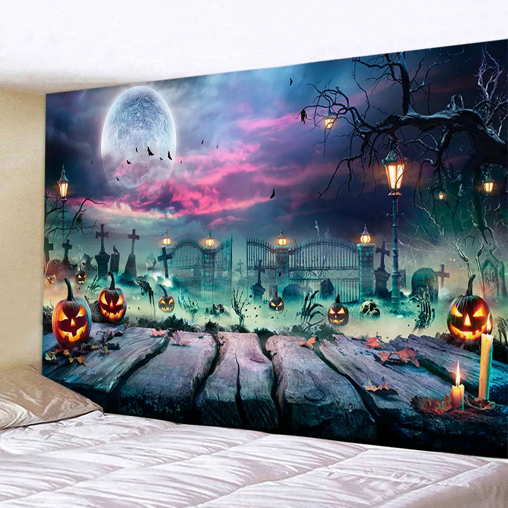 

Halloween Home Decor Tapestry Wall Hanging Hippie Witchcraft Decoration Tapiz Pumpkin Lantern Festive Polyester Art Wall Carpet