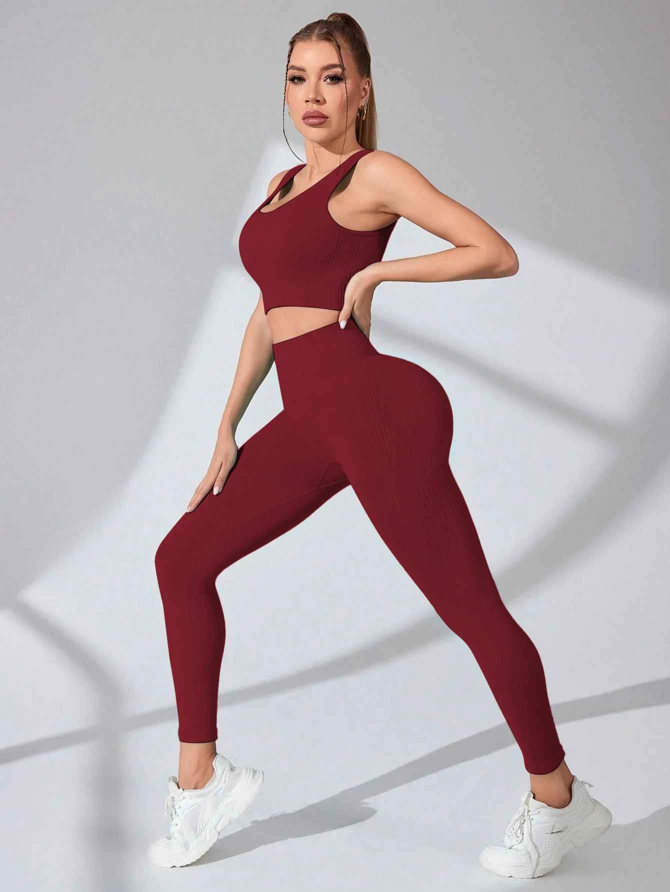 Damen-Trainingssets, 2-teilig – nahtlose Yoga-Leggings und Sport-BH mit überkreuzten Trägern, Fitnessstudio-Outfits, Activewear-Matching-Set – Detail 7