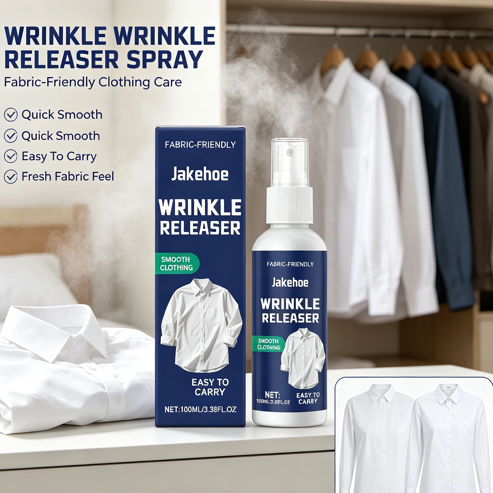 100ml Wrinkle Remover Spray No Ironing Fast Smoothing Multi Fabric Clothanti-Static Spray for All Fabric Clothing Care Spray