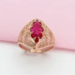 Palace Style 585 Purple Gold Plated 14K Rose Gold Marquise Shape Ruby Rings for Women Showy Hollow Exquisite Wedding Jewelry