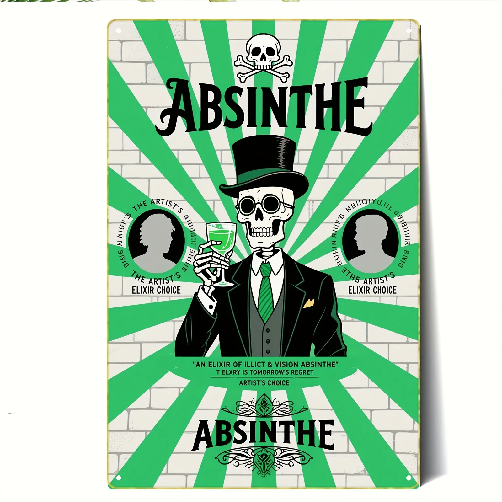 Retro-Metallschild |   Absinth-Poster mit einem Skelett zum Toasten mit grünem und weißem Backstein-Hintergrund |   20*30cm/ |   Geeignet f