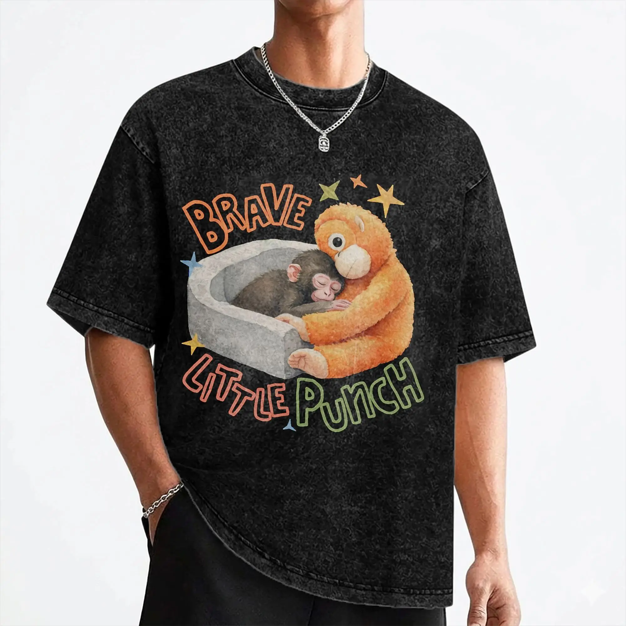Baby Monkey Punch Holding Plush Toy T Shirts Washed 100% Cotton T-Shirts  Vintage Men Women Streetwear Printed Tee Shirt