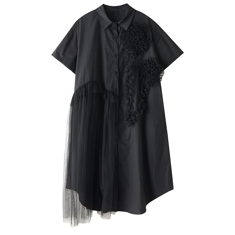 Harajuku ريترو طباعة شبكة تقليم قصيرة الأكمام قميص فستان المرأة فضفاض غير المتماثلة ميدي فستان الصيف Y2K موري فتاة البلد وتتسابق #4