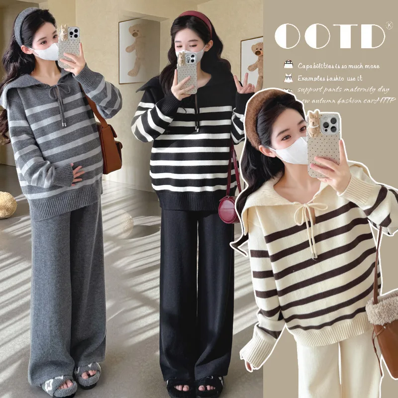 

Maternity Suit Spring Autumn Simple Casual Loose Comfortable Lapel Striped Sweater And Wide Leg Pants Pregnancy Two Piece Set