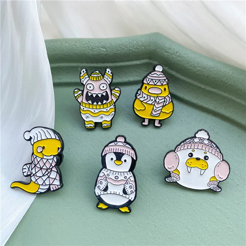 Cartoon Penguin Walrus Snake Enamel Brooches Cute Scarf Sweater Animal Badges Label Pins Jewelry Party Gifts For Women Girls