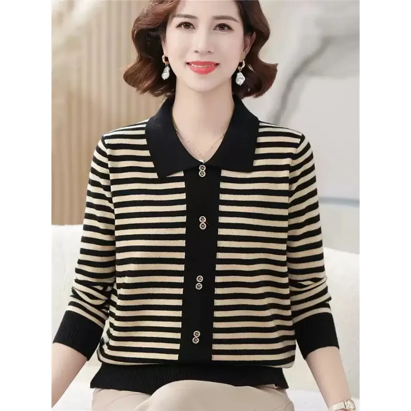Autumn and Winter Loose Lapel Women's Western Style Striped Knitted Sweater Long-sleeved Bottoming Shirt Top