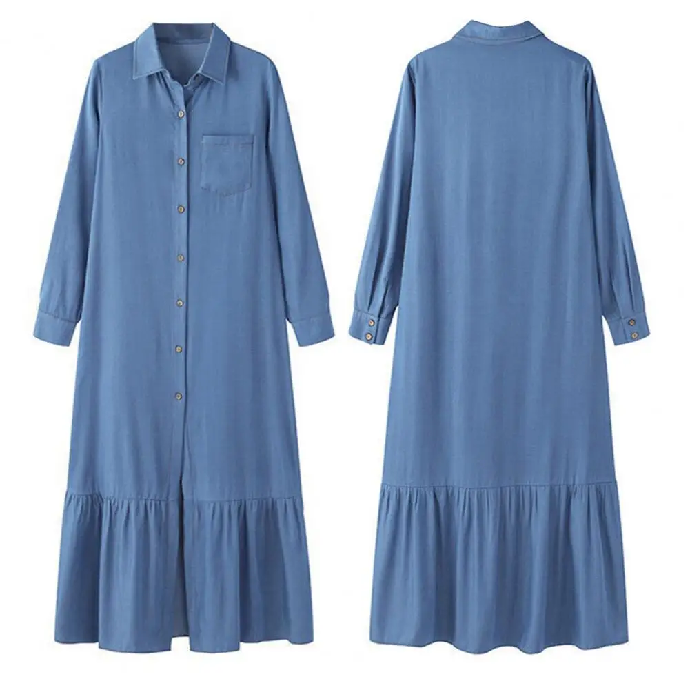 

Casual Long-sleeved Dress Women Solid Color Dress Elegant Denim Maxi Dress with Ruffle Patchwork Flowy Hem Women's for Travel
