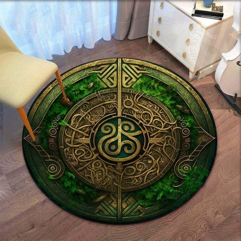 Celtic Knot Green Forest Round Crystal Velvet Rug Nordic Mythical Symbol Home Decor Artistic Floor Mat for Living Room