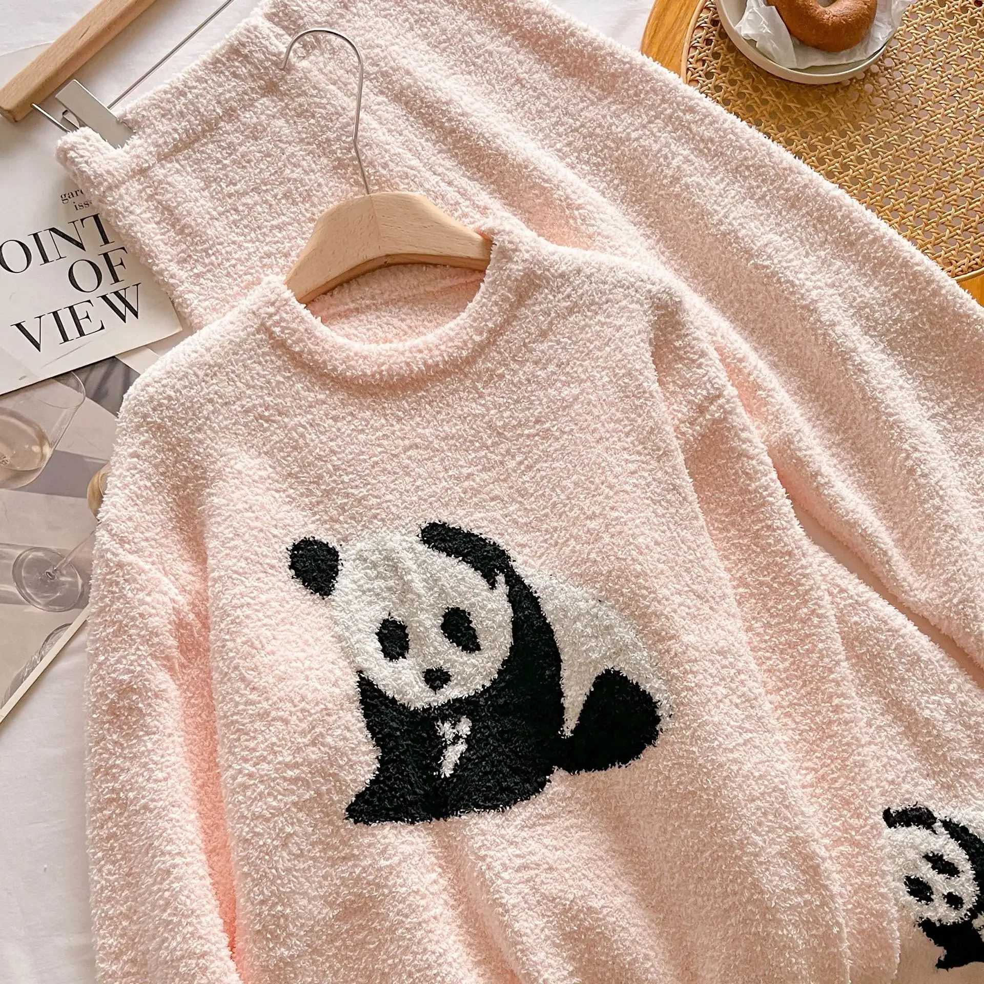 Tweedelige set Zoete schattige cartoon Panda Winter Dikke pluche Vrouwelijke pyjama Nachtkleding Flanel Fleece Loungewear Pijamas Homewear